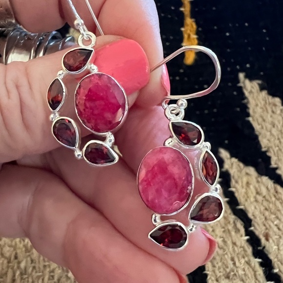 Natural Ruby Jewelry - ❤️ Faceted Natural Ruby & Garnet 925 Dangle Boho Statement 1.5”L Earrings 12.2 G